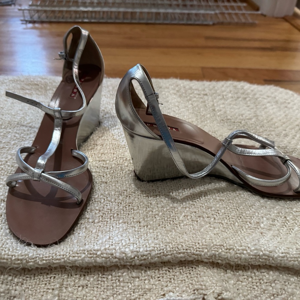 Prada Silver Strappy Wedge Sandals - Picture 3 of 4